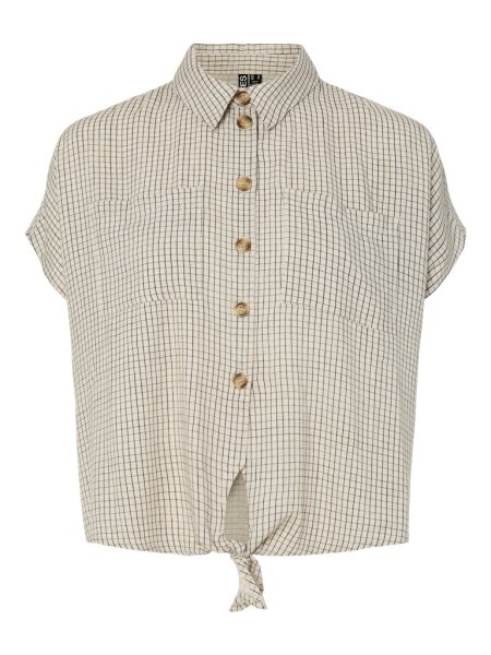 Bluse Pieces PCPia SS Tie Shirt Birch/Black